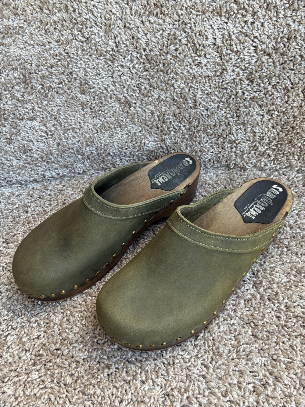 Sandgrens Athens Olive Green Leather Studded Clog Mules size 42